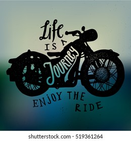 motorcycle travel print. seaside background. life is a journey  lettering. motorcycle silhouette illustration.