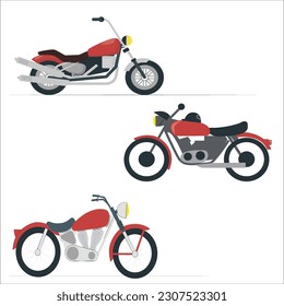 Motorcycle in trendy flat design, isolated. Classic retro bike motor two wheeled vehicle. Set of multi-colored sports motorcycles. Realistic sport bike. Racing motorcycle on a transparent background.