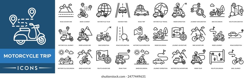 Icono de Viaje en motocicleta. Aventura en carretera, Viaje en moto, Tour en moto, Viaje en autopista, Viaje en carretera, Viaje en moto y Expedición de jinete