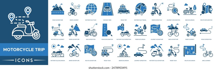 Motorcycle Trip icon. Road Adventure, Biker Journey, Motorcycle Tour, Highway Ride, Road Trip, Motorcycle Travel and Rider Expedition