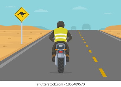 Viaje en moto a través del postre australiano. Biker en una carretera de la izquierda. Plantilla de ilustración vectorial plana.