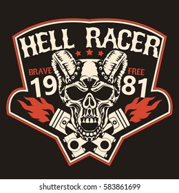 Motorcycle t-shirt graphics. Skull rider with pistons, horned demon. Racer community emblem. Biker vintage apparel print. Vector