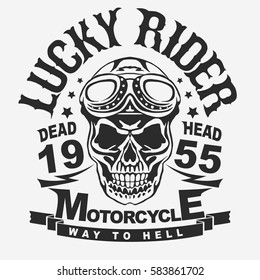 Motorcycle t-shirt graphics. Skull rider in helmet with goggles. Racer emblem. Biker vintage apparel print. Vector