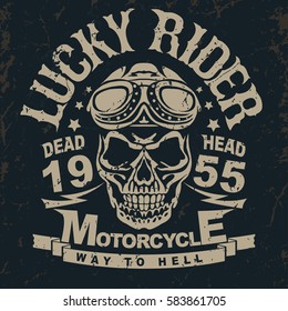 Motorcycle t-shirt graphics. Skull rider in helmet with goggles. Grunge Racer emblem. Biker vintage apparel print. Vector 
