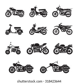 Tipos de motocicletas Objetos Juego de iconos, Blanco y negro, Silhouette