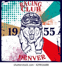 Motorcycle typography with bear illystration, t-shirt graphics, vectors