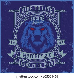 Motorcycle typography with a blue lion graphic. Vector t-shirt graphic 