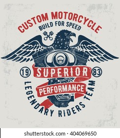 Motorcycle typography with  eagle illustration , t-shirt graphics, vectors.