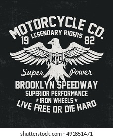 Motorcycle typography with eagle illustration , t-shirt graphics, vectors.