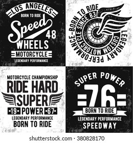 Conjunto de tipografía de motocicletas, gráficos en pantalones t, vectores