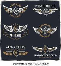 Motorcycle Tyre and Wings logo. Design element for company logo, label, emblem, sign, apparel or other merchandise. Scalable and editable Vector illustration.