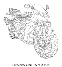 Vector de motocicleta, boceto en blanco y negro, libro de colores. Dibujo de la mitad de una motocicleta con muchos detalles sobre el fondo blanco