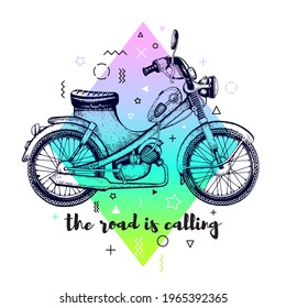 Motorcycle vector. Cute scooter illustration. Cartoon bike print. Vintage motorbike t-shirt design. Retro motocross fashion art with slogan. Motor transport isolated. Cute vector 80s memphis scooter 