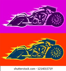 Motorcycle vector illustration Bagger style,  Baggers custom motorbike covered in flames 