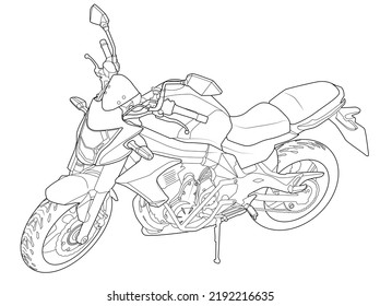 Página de coloreado de ilustraciones vectoriales de motocicleta para libro y dibujo. Línea de arte sin relleno. Ilustración de esbozo de contorno negro Aislado en fondo blanco