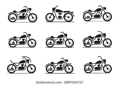 Motorcycle vector illustration set with nine different styles and designs, showcasing various classic and modern motorcycle silhouettes in black and white. Ideal for branding, apparel, and automotive design projects. Suitable for use in advertising, packaging, and digital media.