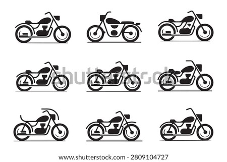 Motorcycle vector illustration set with nine different styles and designs, showcasing various classic and modern motorcycle silhouettes in black and white. Ideal for branding, apparel, and automotive design projects. Suitable for use in advertising, packaging, and digital media.