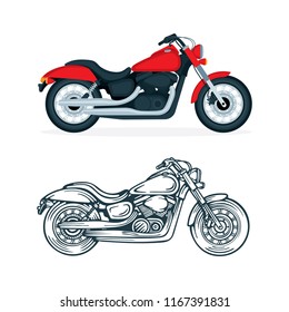 Motorcycle vector realistic and hand drawn illustrations set. 
Motorbike on a white background. Vintage chopper motorcycle.