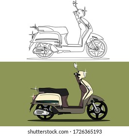 Motorcycle vector, realistic illustration. Cream motorbike flat sketch or 2D with many details on a white and green background