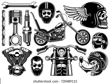 Motorcycle vector set with monochrome vintage elements , isolated. (VERSION ON  WHITE BACKGROUND)