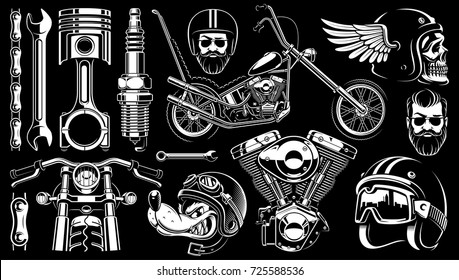 Motorcycle vector set with monochrome vintage elements. (VERSION FOR DARK BACKGROUND)