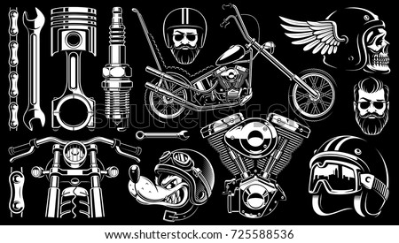 Motorcycle vector set with monochrome vintage elements. (VERSION FOR DARK BACKGROUND)
