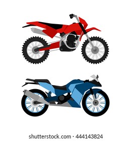 Motorcycle vector set. Motorbike collection. Flat enduro and sport bike design. Modern sport technical illustration for web and print.