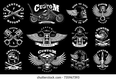 Motorcycle vector set with vintage custom logos, badges, design templates. Text are on the separate layer. (VERSION FOR DARK BACKGROUND) 
