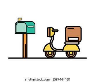 motorcycle vehicle with box packing postal service vector illustration design