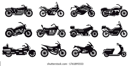 Motorcycle vehicle silhouette. Modern speed race bike, scooter and chopper side view, motorcycle body silhouette vector illustration icons set. Black monochrome motorbike for delivery or motocross