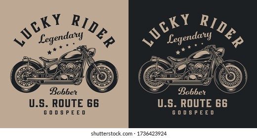 Insignia vintage de motocicleta con letras y motocicleta bobber en ilustración vectorial aislada de estilo monocromático