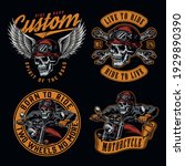 Motorcycle vintage colorful emblems with inscriptions skeleton biker riding motorbike skull in moto helmet and goggles crossed wrenches isolated vector illustration