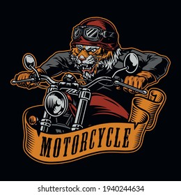 Motorcycle vintage colorful label with angry tiger biker wearing helmet goggles gloves jacket and riding motorbike isolated vector illustration