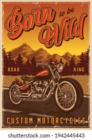 Motorcycle vintage colorful poster with inscriptions and custom motorbike on road vector illustration
