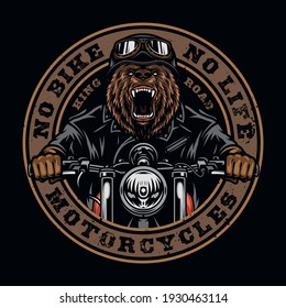 Motorcycle vintage colorful round label with angry bear in biker helmet goggles and jacket riding motorbike isolated vector illustration