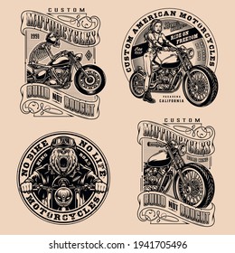 Motorcycle vintage designs composition with skeleton angry bear pretty girl bikers and custom motorbike emblems and badges in monochrome style isolated vector illustration