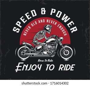 Motorcycle vintage emblem with letterings and skeleton in moto helmet and goggles riding motorbike isolated vector illustration