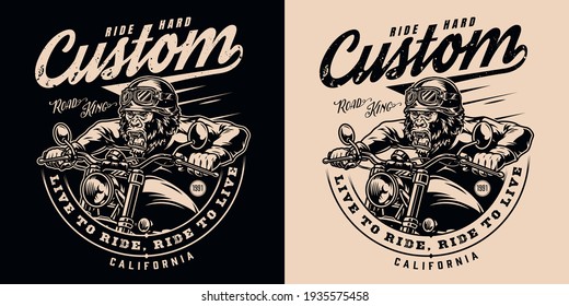 Motorcycle vintage monochrome badge with inscriptions and aggressive gorilla biker riding motorbike isolated vector illustration