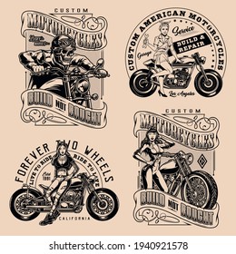 Motorcycle vintage monochrome badges with attractive biker girl skeleton moto rider and pretty women holding spanners and standing near motorbikes isolated vector illustration