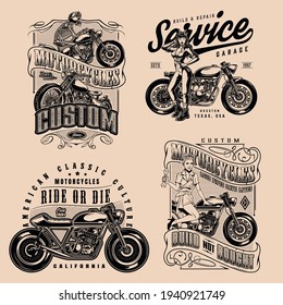 Motorcycle vintage monochrome badges with inscriptions skeleton biker classic american motorbike and beautiful women with spanners isolated vector illustration