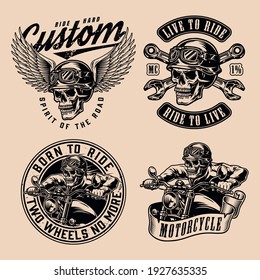 Motorcycle vintage monochrome designs with moto club and motorbike repair service labels and emblems isolated vector illustration