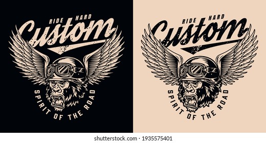 Motorcycle vintage monochrome emblem with letterings and aggressive gorilla head in winged moto helmet and goggles isolated vector illustration