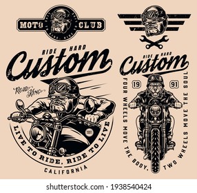 Motorcycle vintage monochrome emblems with inscriptions crossed wrenches angry bulldog bikers and serious dog heads in moto helmets and goggles isolated vector illustration