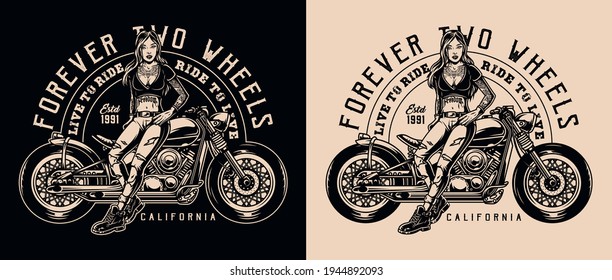 Motorcycle vintage monochrome logo with inscriptions and attractive woman standing near moto bike on dark and light backgrounds isolated vector illustration