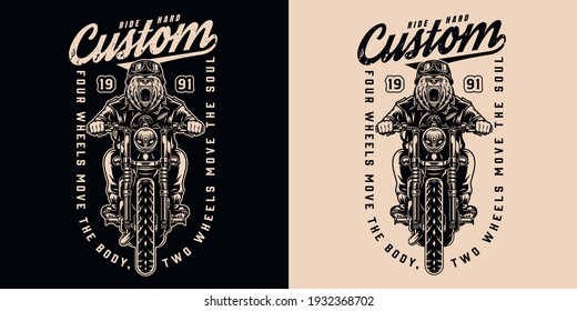 Motorcycle vintage monochrome print with inscriptions and ferocious bear biker riding motorbike isolated vector illustration