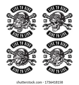 Motorcycle vintage monochrome prints set with inscriptions crossed spanners skull and cruel animals heads in biker helmets and goggles isolated vector illustration