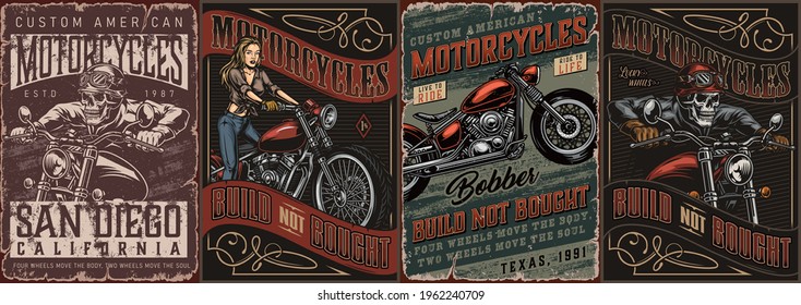 Colección de afiches de motocicletas vintage con motociclistas esqueletos lindo moto chica ciclista y bobber moto ilustración vectorial