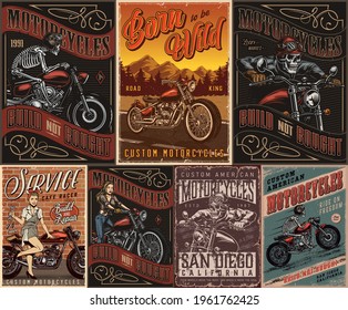 Motorcycle vintage posters with skeleton motorcyclists pretty biker girl attractive woman holding spanner and standing near cafe racer motorbike vector illustration