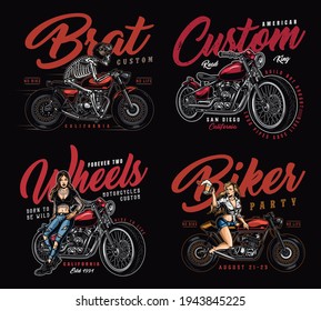 Impresiones de motocicleta vintage con una bonita motocicleta estilo moto estilo moto moto moto moto moto moto moto de moto y una hermosa mujer con vidrio de cerveza y sentada en moto ilustración vectorial aislada