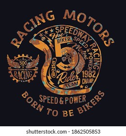 Motorcycle vintage racing team helmet vector print for boy t shirt rust effect in separate layer